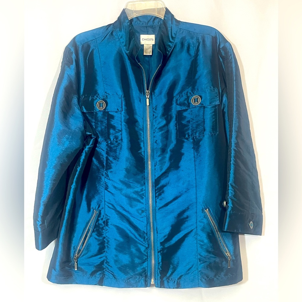 Chico’s Ladies Metallic Blue Lightweight Jacket size 3